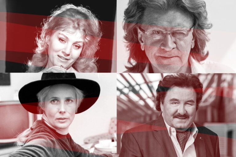 Czarno białe zdjęcia Anny German, Zbifniewa Wodeckiego, Agnieszki Osieckiej, Krzysztofa Krawczyka. Na zdjęciach delikatne czerwone przeźroczyste pasy.