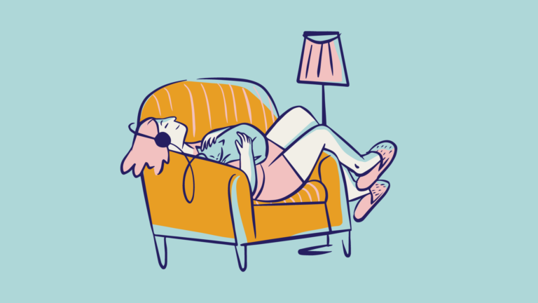 ilustracja, kobieta na pomarańczowym fotelu słucha muzyki, trzymając kota na kolanach