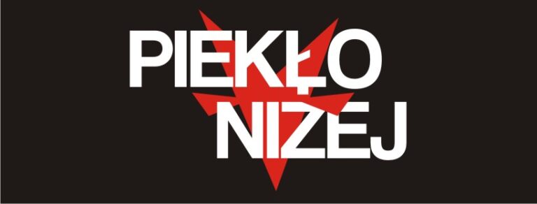 biały napis na czarnym tle, w napis wpleciony czerwona głowa diabła