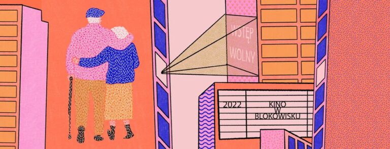 grafika; kolorowe bloki, na jednej ze ścian mural przedstawiający starszą parę. Po prawej stronie napis "kino w blokowisku".