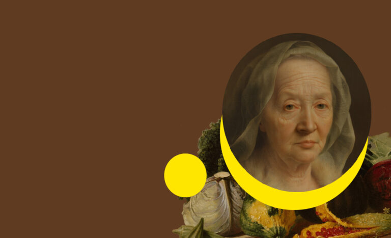 Grafika. Portret starszej kobiety w okręgu w tle dwa żółte okręgi oraz martwa natura.