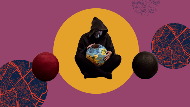 grafika; zakapturzona postać w masce siedzi w siadzie skrzyżnym, w rękach trzyma planetę, dookoła planety na purpurowym tle