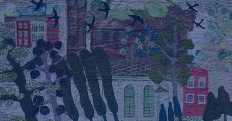 Patchwork gdański. elementy gdańskiej architektury z pozszywanych skrawków materiału w odcieniach koloru niebieskiego .
