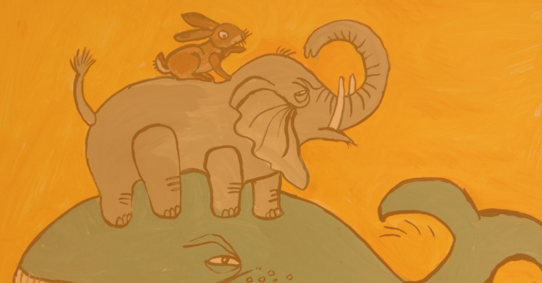 ilustracja przedstawiająca trzy zwierzęta: wieloryba, słonia i zająca - jedno na drugim na żółtym tle.