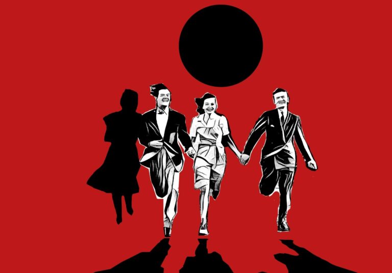 grafika; na czerwonym tle czarno-białe sylwetki dwóch mężczyzn i kobiety, trzymają się za ręce, biegną z uśmiechami na twarzach, nad nimi czarne koło, po lewej czarny zarys kobiety.