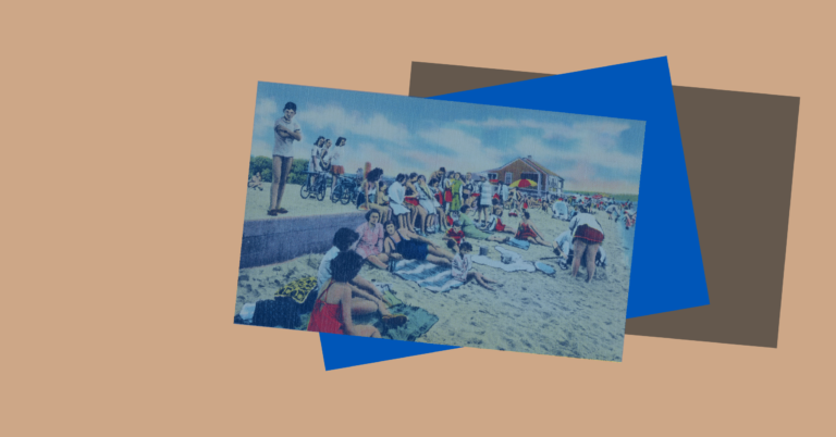Grafika przedstawiająca trzy prostokąty na beżowym tle. Dwa z nich w kolorze niebieskim i brązowym, trzeci przedstwia ilustrację plażujących osób.