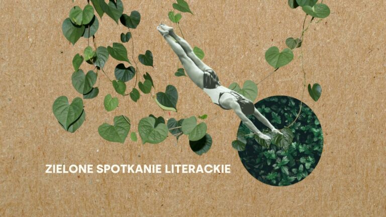 kolaż; kobieta w stroju kąpielowym na tle liści nurkująca w liście.