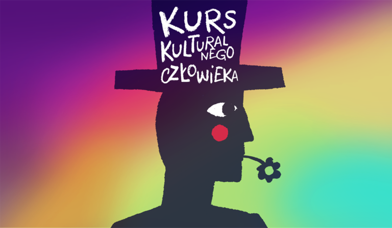 na środku szkic czarnej postacji w kapeluszu. Na kapeluszu biały napis Kures Kulturalnego Człowieka