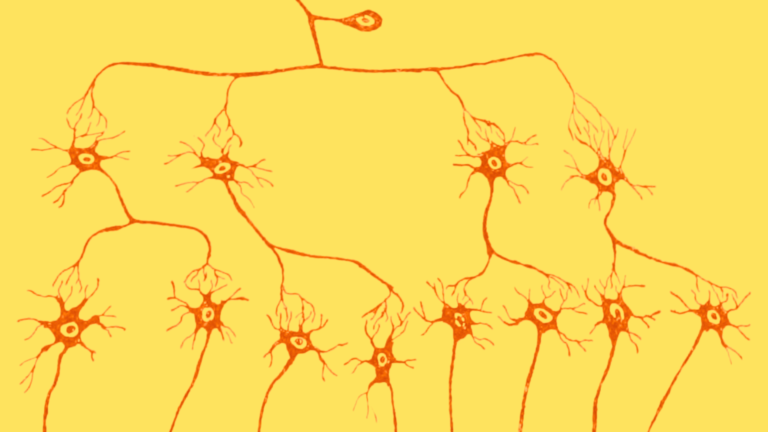 Czerwone symbole neuronów na żółtym tle.