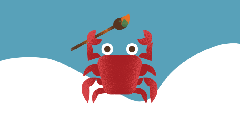 Czerwony krab z uniesionym pędzlem trzymanym w szczypcach na tle błękitnego nieba i białej fali. Styl ilustracji jest minimalistyczny i zabawny.