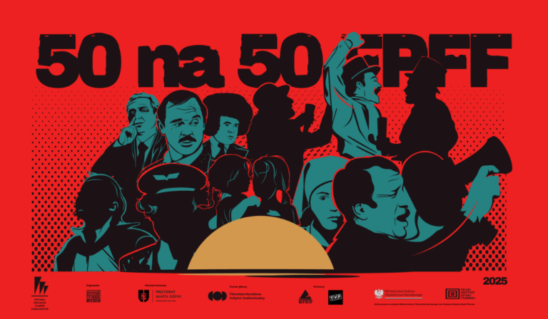 U góry czarny napis 50 na 50 FPFF na czerwonym tle. Poniżej niebieskie sylwetki kilkunastu różnych postaci, niektóre z nich mają zaciemnione twarze. Poniżej po prawej niewielki czarny napis 2025 na czerwonym tle.