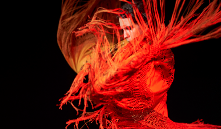 Tancerka flamenco w dynamicznym ruchu, otoczona wirującą czerwoną chustą. Jej skupiona twarz i kontrastujące czarne tło podkreślają ekspresję i energię tańca.