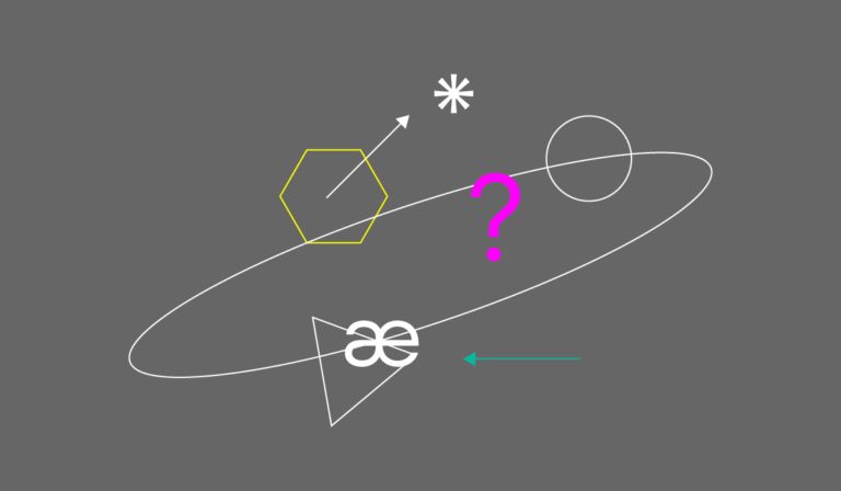 Szarą przestrzeń wypełniają różne kształty geometryczne i symbole. Na środku znajduje się biała elipsa, przypominająca orbitę. Wewnątrz elipsy są: żółty sześciokąt, biały okrąg, biały trójkąt z symbolem nieskończoności w środku, różowy znak zapytania oraz biały asterisk. Dodatkowo widoczne są dwie strzałki: jedna biała skierowana w górę i w prawo oraz druga zielona skierowana w lewo.