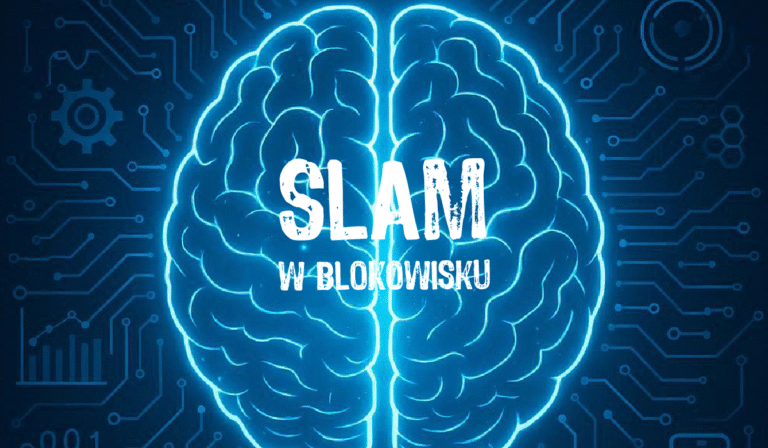 Neonowy zarys dwóch półkul mózgu na ciemnym tle z motywami elektronicznych obwodów; na środku białym, postrzępionym fontem napis „SLAM”, poniżej dopisek „w blokowisku”.